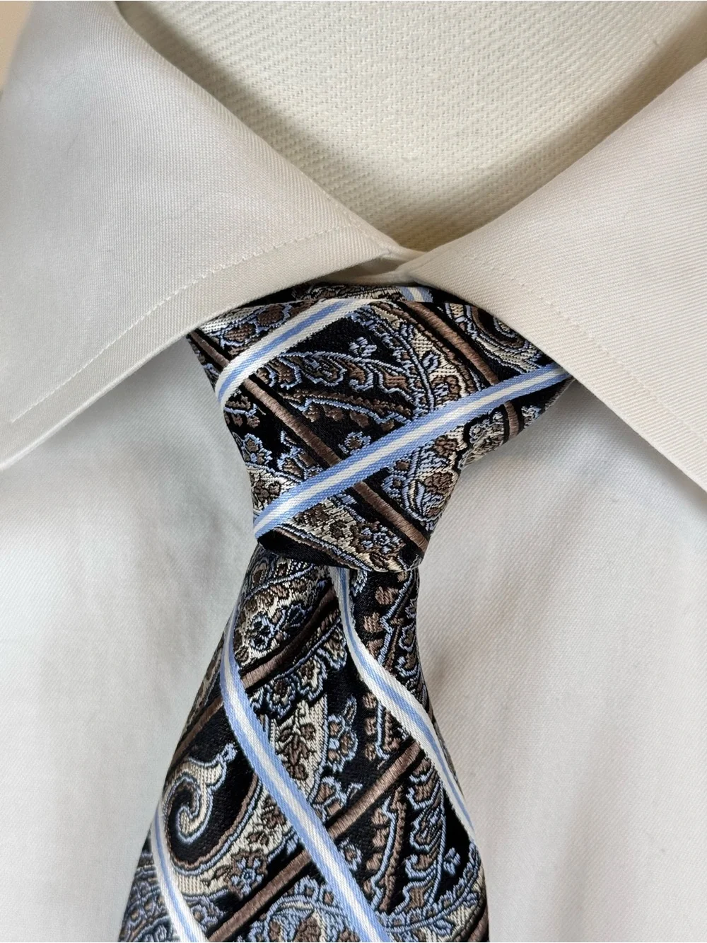Pronto Uomo Men’s Necktie Black, Brown & Light Blue Paisley Silk Tie